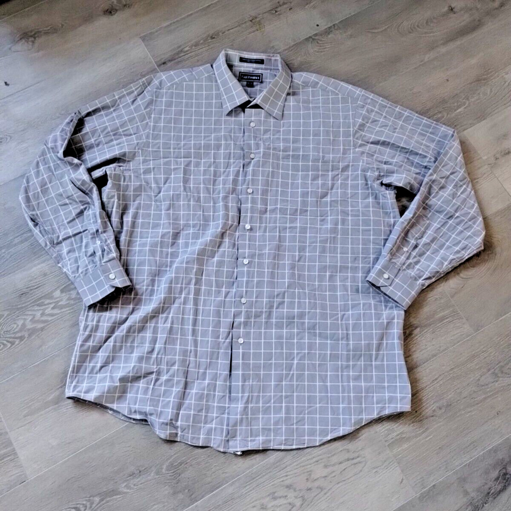Paul Frederick Button Up Shirt 18 1/2 2XL Gray White Check Plaid Long Sleeve